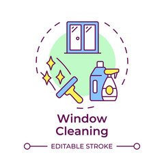 Window cleaning multi color concept icon. Detergent bottles, squeegee. Cleanup equipment. Round shape line illustration. Abstract idea. Graphic design. Easy to use in infographic, presentation