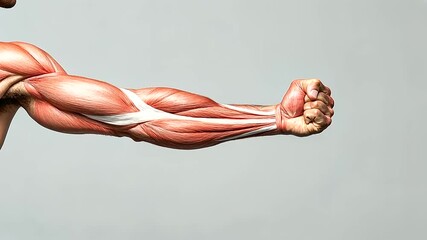 Detailed close-up of a muscular man's arm showcasing the intricate anatomy of biceps, forearm, and shoulder fibers. The red and white tissue highlights the strength and power of a sporty athlete, isol