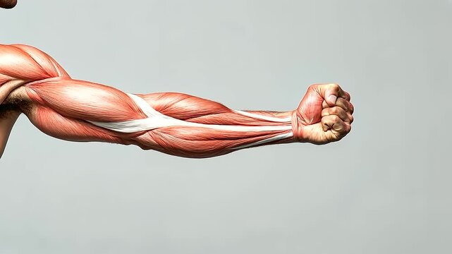 Detailed close-up of a muscular man's arm showcasing the intricate anatomy of biceps, forearm, and shoulder fibers. The red and white tissue highlights the strength and power of a sporty athlete, isol