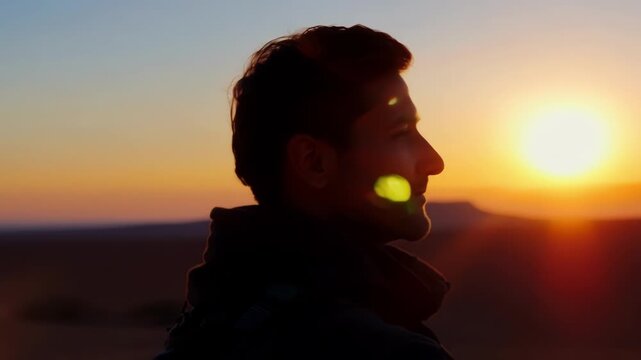 Smiling young man in silhouette against a stunning sunset over mountains, gazing at the sun, surrounded by orange and golden hues. Perfect for adventure seekers in nature