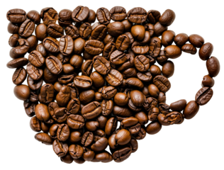 Coffee cup shape made from roasted coffee beans, symbolizing the essence of caffeine and coffee culture