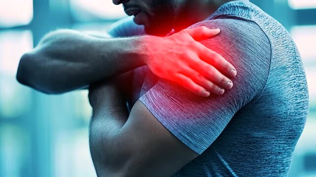 fitness athlete holding his shoulder in pain, with a red area indicating injury from an exercise mishap. This image captures the discomfort of a workout injury and the importance of addressing sore jo