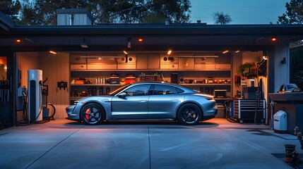 EV in a High-Tech Garage: An electric vehicle parked in a high-tech garage with automated systems, tools, and a modern design.