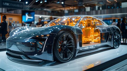 Obraz premium EV at a Clean Energy Expo: An electric vehicle on display at a clean energy expo, surrounded by other sustainable technologies and innovations.