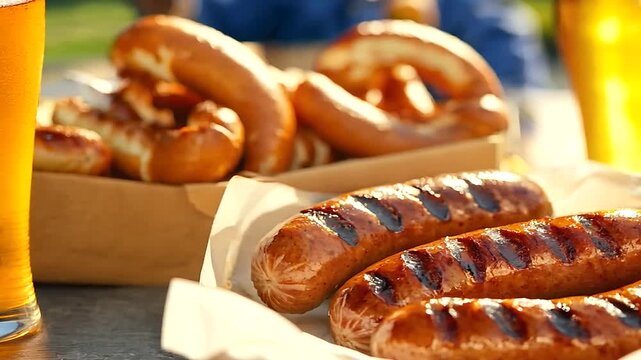 Oktoberfest delight with grilled sausages, soft pretzels, and tangy mustard, ideal for celebrating German culinary traditions