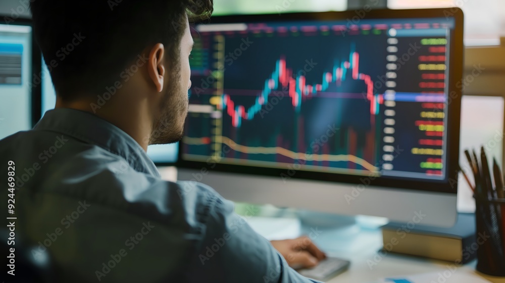 Wall mural a person sitting at a desk, looking at a computer screen displaying a stock chart with various indic