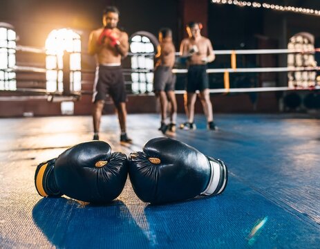 Gimnasio de boxeo, con unos guantes en primer plano; deporte