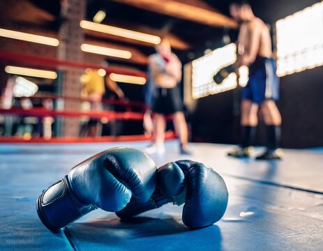 Gimnasio de boxeo, con unos guantes en primer plano; deporte