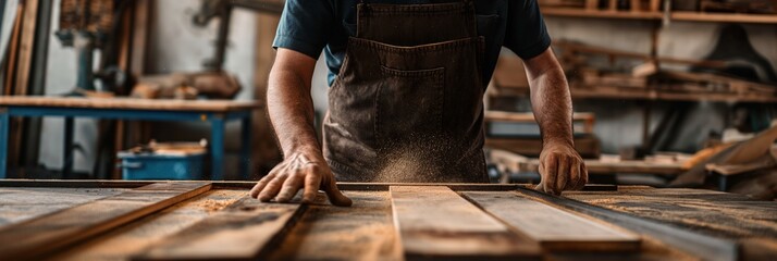 An attentive craftsman is arranging wood pieces on a workbench in a rustic workshop, ensuring precision and alignment for his next woodworking project.