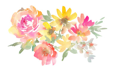 A vector bouquet illustration of abstract roses and flowers painted in watercolor