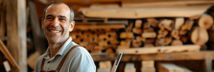 A smiling carpenter stands proudly in a wood workshop, with various woodworking tools and materials in the background, looking confident and content.