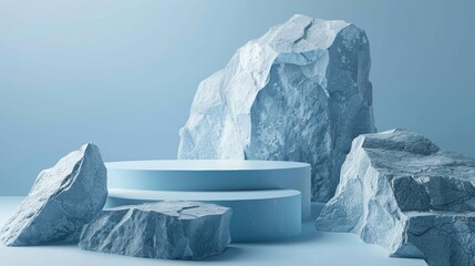 Obraz premium Blue geometric stone and rock shape background. Simple mockup model for display on a pedestal or showcase.