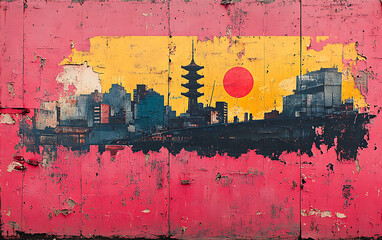 Fototapeta premium Retro Grunge Collage: Pink & Yellow Asian Cityscape
