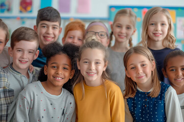 Obraz premium Happy kids diverse school boys and girls posing for group portrait together and looking at camera, standing in classroom