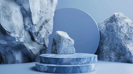 Blue geometric stone and rock shape background. Simple mockup model for display on a pedestal or showcase.