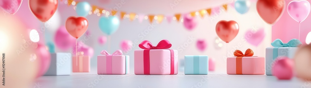 Poster Pink and Blue Gift Boxes with Heart Balloons.