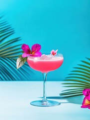 A bright fusion cocktail features tropical liqueur and is garnished with vibrant, exotic flowers.