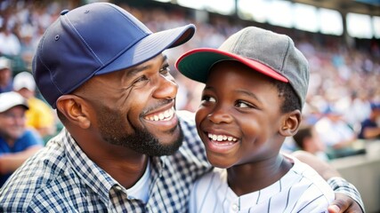 Happy father and son at baseball game.