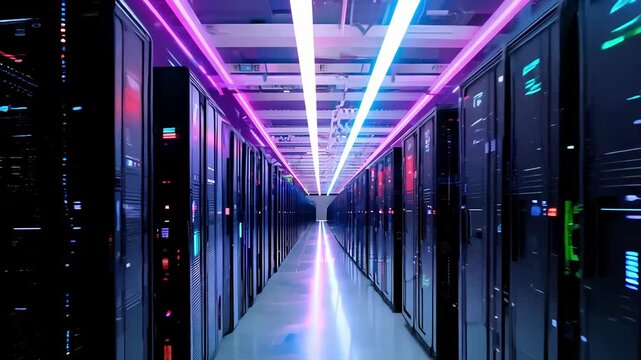Hightech data center or server room in blue and pink neon light