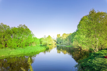 Serene river waters mirror vibrant foliage under the bright blue sky, creating a peaceful atmosphere in the lush countryside.
