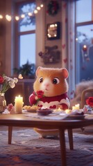 Obraz premium A loving guinea pig dressed warmly sits at a table adorned with candles and roses, savoring a romantic moment during a quiet evening