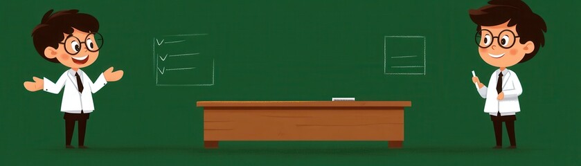 Two cartoon boys stand in front of a chalkboard in a classroom.