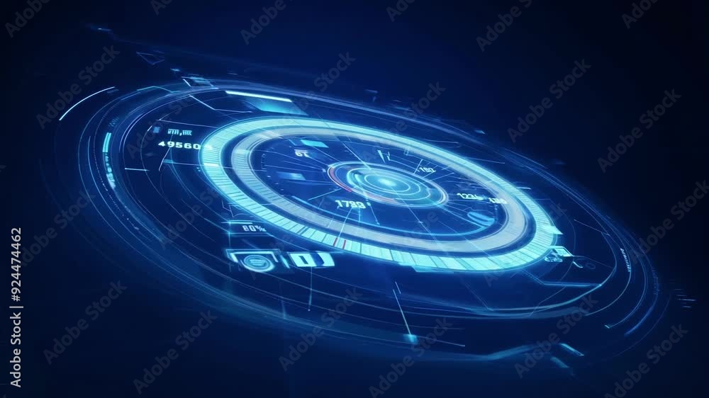 Poster a sleek and modern hud screen with a blue data matrix portraying the complexity of processing and or