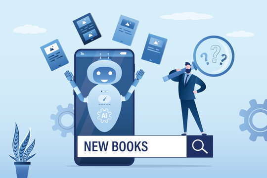 Chat Bot juggles books. Robot search new e-book for reading. User with magnifying glass talking with chatbot. Robot virtual assistance concept.