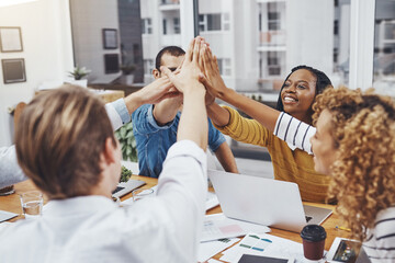 People, celebration and high five for team building, success and business meeting in office. Group,...