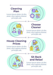 Commercial cleaner service infographic vertical sequence. Cleaning plan, housekeeping. Visualization infochart with 4 steps. Circles workflow. Montserrat SemiBold, Lato Regular fonts used