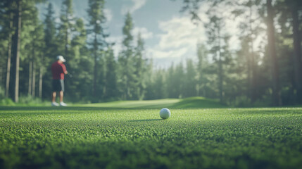 The golf ball is on a green lawn in a beautiful golf course with morning sunshine.