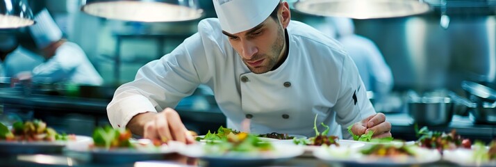 A professional chef carefully plates multiple dishes in a sophisticated kitchen, showcasing their attention to detail and culinary artistry.
