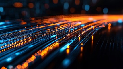 Elegant and fluid lines of light representing the seamless transmission of optical data