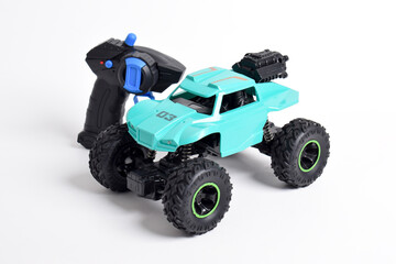 RC model rally, off road buggy with remote control. Isolated on white background