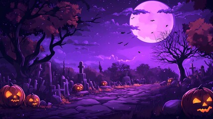 Illustration of a spooky graveyard scene at night with a full moon background, featuring flaming pumpkins, barren trees and flying bats, perfect for a Halloween theme.