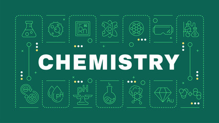 Chemistry dark green word concept. School subject. Laboratory equipment. Chemical bond and reaction. Horizontal vector image. Headline text surrounded by editable outline icons. Hubot Sans font used