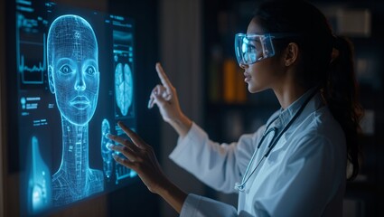 A doctor interacts with advanced holographic visuals of human anatomy, showcasing the future of healthcare and the integration of technology in patient care, blending science and innovation.