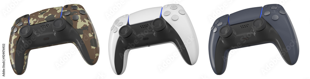 Poster collection of gaming controllers with different colors and designs for gaming enthusiasts isolated o