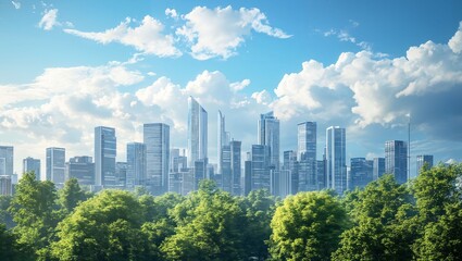 Obraz premium A Stunning City Landscape: Skyscrapers Brimming with Innovation Amidst Lush Greenery and a Bright Blue Sky with Fluffy Clouds, Depicting Urban Life in Harmony with Nature.