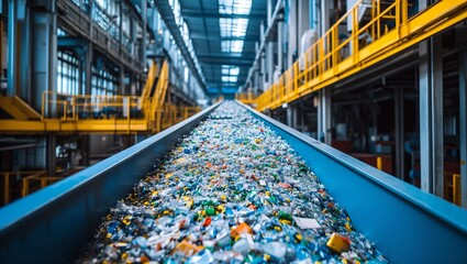 Fototapeta premium A mesmerizing look along a conveyor belt in a recycling facility, where a vibrant mix of colorful plastics moves towards transformation amid an industrial atmosphere.