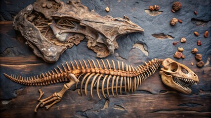 Naklejka premium Dinosaur Skeleton and Skull Fossil on Wooden Background