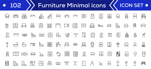 Furniture Minimal line icons Bundle. Sofa, Chair, Table, Bed, Lamp, Wardrobe, Mirror, Desk icon for apps and website