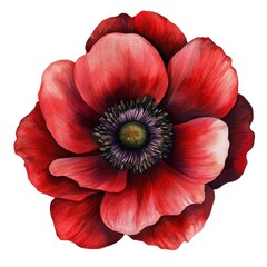 Vibrant Deep Red Anemone Clipart - Exquisite Flower Element in Watercolor Illustration on White Background