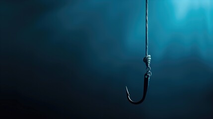 Single fishing hook hanging from a rope in deep blue underwater background. Concepts of fishing, marine activities, and aquatic environments.