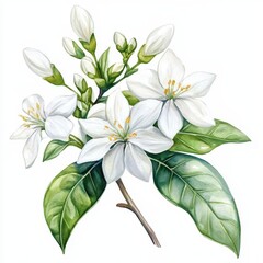 Fototapeta premium Delicate Jasmine Flower Watercolor Clipart - Pure White Blossom Element on White Background for Designs and Decor