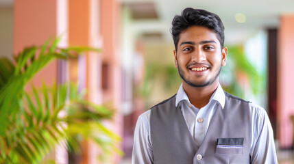 Young man in professional attire smiling with greenery and modern building corridor in the background. Concepts of professionalism, positivity, and friendly work environment.