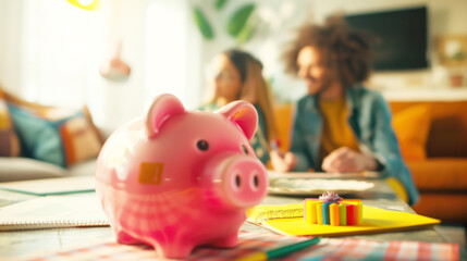 Obraz premium Pink piggy bank in focus with blurred couple in background planning and writing notes. Concepts of saving, financial planning, and teamwork.