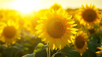 A field of sunflowers with the sun setting in the background