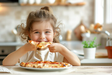 Adorable child with curly hair smiling while eating pizza in a cozy kitchen. Concepts of childhood joy, food enjoyment, and family moments.