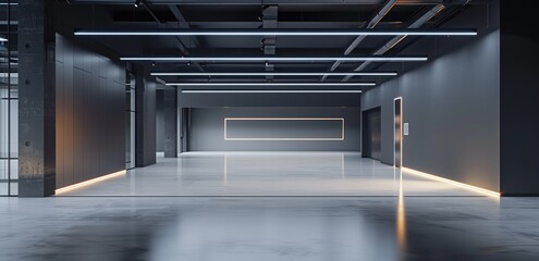 Modern industrial-style empty office space with sleek gray walls and polished concrete floors. Concepts of contemporary architecture, workspace potential, and minimalist design.